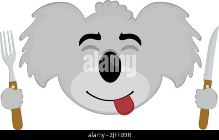 Illustration vectorielle du visage d'un dessin animé koala avec un couteau et une fourchette en main, avec une expression délicieuse Illustration de Vecteur