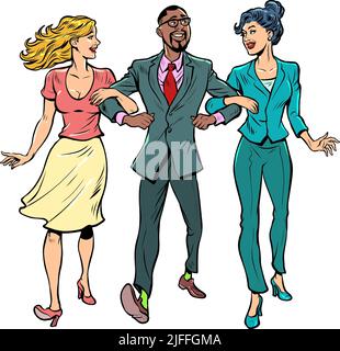 Date. Un homme avec deux filles. Mariage non conventionnel. Des amis marchent Illustration de Vecteur