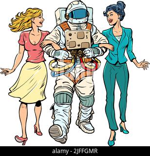 Date. Un astronaute avec deux filles. Mariage non conventionnel. Des amis marchent Illustration de Vecteur