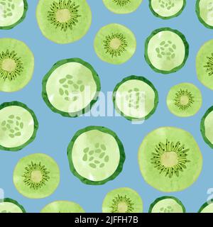 Motif fruits et légumes sans couture avec des tranches de kiwi et de concombre aquarelle. Fond de nourriture verte Illustration de Vecteur