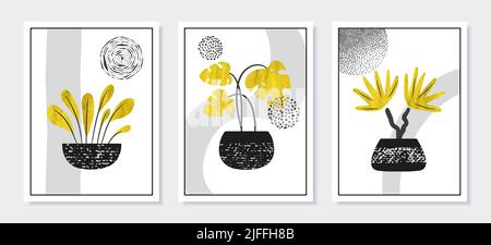 Collection abstraite de vecteurs d'art mural. Ensemble d'affiches botaniques avec plantes maison en pots. Illustration de Vecteur