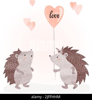 Carte de Saint-Valentin avec de jolis hérissons d'aquarelle amoureux du ballon en forme de coeur. Illustration vectorielle Illustration de Vecteur