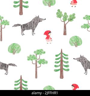 Motif puéril sans couture. Illustration vectorielle de conte de cagoule rouge fée. Petite fille et loup dans la forêt. Illustration de Vecteur