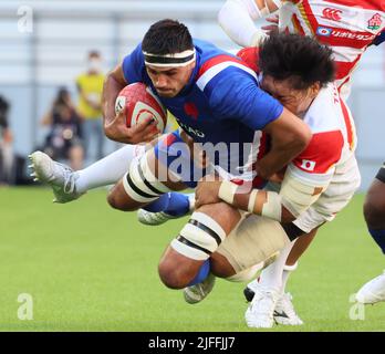 Toyota, Japon. 2nd juillet 2022. Le joueur français Dylan Credin porte le ballon lors d'un match international de rugby entre le Japon et la France au stade Toyota de la préfecture d'Aichi, samedi, 2 juillet 2022. Le numéro 2 mondial a classé la France en défaite au Japon de 42 à 23. Credit: Yoshio Tsunoda/AFLO/Alay Live News Banque D'Images