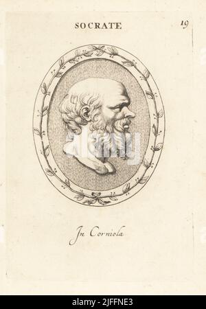 Buste de Socrate, philosophe grec d'Athènes, c. 470–399 C.-B. En carnélien. Socrate. À corniola. Gravure de coperplate par Giovanni Battista Galestuzzi d'après Leonardo Agostini de gemmae et Sculpturae Antiquae Depitti ab Leonardo Augustino Senesi, Abraham Blooteling, Amsterdam, 1685. Banque D'Images