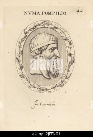 Buste de Numa Pompilius, c. 753–672 av. J.-C., légendaire deuxième roi de Rome, succédant à Romulus. Vu sur des pièces en argent. En carnélien. Pompilio NUMA. À corniola. Gravure de coperplate par Giovanni Battista Galestuzzi d'après Leonardo Agostini de gemmae et Sculpturae Antiquae Depitti ab Leonardo Augustino Senesi, Abraham Blooteling, Amsterdam, 1685. Banque D'Images