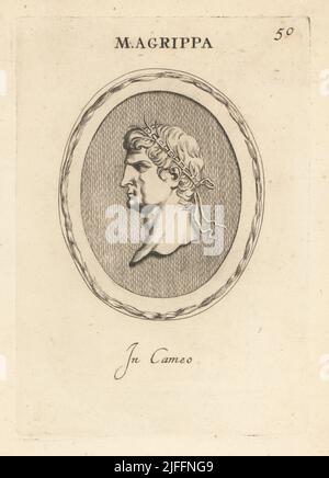 Buste de Marcus Vipsanius Agrippa, général romain, homme d'État et architecte, c. 63 C.-B. – 12 C.-B. En couronne rostrale. Marco Agrippa. En caméo. Gravure de coperplate par Giovanni Battista Galestuzzi d'après Leonardo Agostini de gemmae et Sculpturae Antiquae Depitti ab Leonardo Augustino Senesi, Abraham Blooteling, Amsterdam, 1685. Banque D'Images