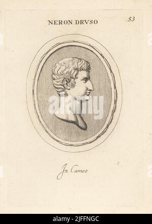 Buste de Drusus Julius Caesar, ou Nero Claudius Drusus, 14 BC - 23 AD. Fils de l'empereur Tiberius, héritier de l'Empire romain après la mort de son frère adoptif Germanicus. Neron Claudio Druso. En caméo. Gravure de coperplate par Giovanni Battista Galestuzzi d'après Leonardo Agostini de gemmae et Sculpturae Antiquae Depitti ab Leonardo Augustino Senesi, Abraham Blooteling, Amsterdam, 1685. Banque D'Images