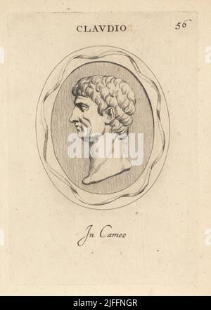 Buste de l'empereur Claudius, Tiberius Claudius César Augustus Germanicus, quatrième empereur romain, régnant de 41 à 54. Claudio. En fond noir et blanc sur base de sardonyx. Gravure de coperplate par Giovanni Battista Galestuzzi d'après Leonardo Agostini de gemmae et Sculpturae Antiquae Depitti ab Leonardo Augustino Senesi, Abraham Blooteling, Amsterdam, 1685. Banque D'Images