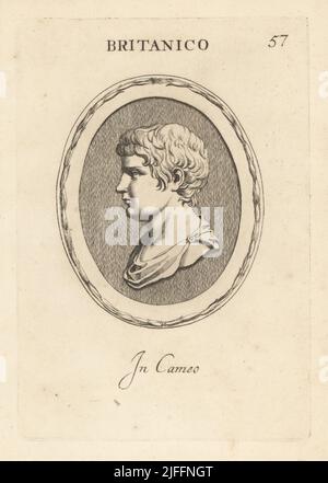 Buste de Tiberius Claudius Caesar Britannicus ou Britannicus, AD 41-55. Fils de l'empereur romain Claudius et Valeria Messalina. Britanico. En caméo. Gravure de coperplate par Giovanni Battista Galestuzzi d'après Leonardo Agostini de gemmae et Sculpturae Antiquae Depitti ab Leonardo Augustino Senesi, Abraham Blooteling, Amsterdam, 1685. Banque D'Images