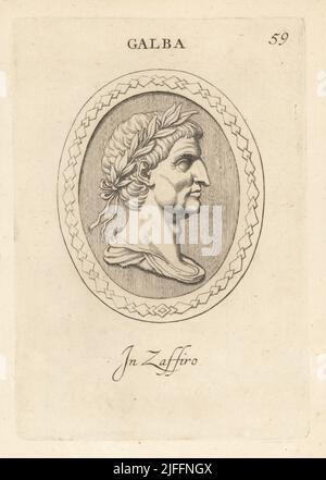 Buste de Galba, né Servius Sulpicius Galba, 3 av. J.-C. – AD 69. Sixième empereur romain, décision de 68 à 69. Portant une couronne de Laurier. En saphir. Galba. Dans Zaffiro. Gravure de coperplate par Giovanni Battista Galestuzzi d'après Leonardo Agostini de gemmae et Sculpturae Antiquae Depitti ab Leonardo Augustino Senesi, Abraham Blooteling, Amsterdam, 1685. Banque D'Images