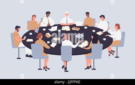 Les gens d'affaires s'assoient autour d'une table dans les chaises pour discuter des idées. Une équipe de caricatures d'employés remue-méninges sur la conférence au bureau, les politiciens parlent d'illustrations vectorielles plates. Concept de travail d'équipe Illustration de Vecteur