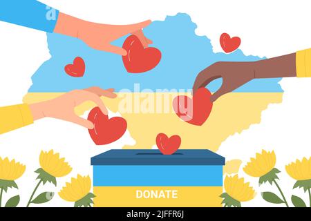 Les mains des gens donnent des coeurs rouges à la boîte de don avec le drapeau ukrainien. Collecte d'argent par des volontaires pour aider l'Ukraine illustration de vecteur plat. Soutien, aide humanitaire, concept philanthropique Illustration de Vecteur