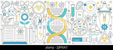 Génétique et bio-ingénierie, équipement de laboratoire scientifique à ligne mince et illustrations vectorielles de structures. Analyse des sciences abstraites, recherche sur les données génétiques, biotechnologie et microbiologie Illustration de Vecteur