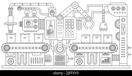 Illustration vectorielle de l'infographie sur les machines de production, de fabrication et de convoyage industrielles. Chaîne de montage en usine, machines automatiques pour le déplacement des boîtes et le fonctionnement de la distribution Illustration de Vecteur