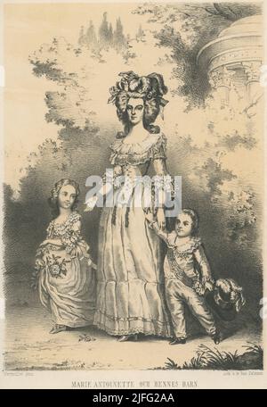 Marie-Antoinette. 1755-1793. La dernière reine de France avant la révolution française, mariée à Louis XVI Elle et la famille royale française ont été mises en résidence surveillée pendant la Révolution et plus tard emprisonnées. Le procès de Marie-Antoinette a commencé le 14 octobre 1793; elle a été condamnée deux jours plus tard par le Tribunal révolutionnaire de haute trahison et exécutée, également par guillotine, à la place de la Révolution. Photo avec deux de ses enfants marchant dans le parc de Trianon au château de Versailles. Banque D'Images