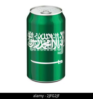 Drapeau saoudien peint sur la boisson métallique. 3D rendu isolé sur fond blanc Banque D'Images