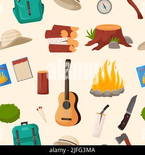 Motif de camping et de randonnée sans couture. Collection d'outils de voyage pour le camp d'été pour la survie dans la nature, tente, sac à dos, carte, hache, feu de camp et autre camp éq Illustration de Vecteur