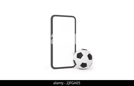 Ballon de football à côté d'un écran de smartphone sur fond blanc isolé. Concept de pari en ligne. 3d rendu. Banque D'Images