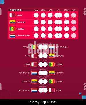 Coupe de football 2022, programme du match de groupe A. Drapeaux du Qatar, de l'Équateur, du Sénégal, des pays-Bas. Illustration vectorielle. Illustration de Vecteur