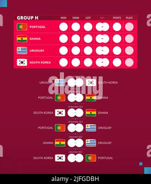 Coupe de football 2022, programme du match du groupe H. Drapeaux du Portugal, du Ghana, de l'Uruguay, de la Corée du Sud. Illustration vectorielle. Illustration de Vecteur