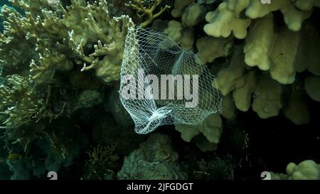 Les articles de cuisine en plastique mis au rebut pendent du récif de corail. Pollution plastique de l'océan. Sac en plastique en maille accroché à un magnifique corail Banque D'Images