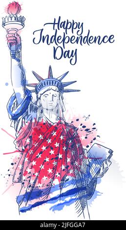 USA Independence Day affiche de vacances ou imprimé avec des lettres calligraphiques dessinées à la main. Statue de la liberté sur le drapeau d'aquarelle américain backgorund. Vecteur s Illustration de Vecteur