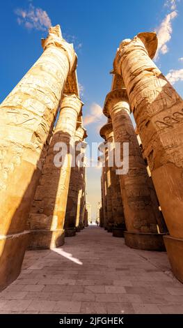 Colonnes anciennes dans la Grande salle Hypostyle, temple Karnak, Louxor, Égypte Banque D'Images