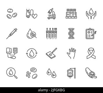 Jeu d'icônes de ligne plate d'hématologie. Cellules sanguines, vaisseau, sphygmomanomètre, test d'adn, illustrations vectorielles au microscope biochimique. Présenter les signes pour le donneur Illustration de Vecteur