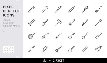 Jeu d'icônes de la ligne de cuisson. Matériel de cuisine - fourchette, couteau, cuillère, marteau, louche, illustration du vecteur minimal de la vis à tête cylindrique. Un simple signe de la cuisson Illustration de Vecteur