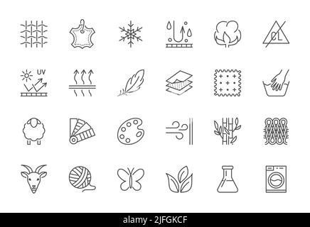 Ensemble d'icônes en tissu à lignes plates. Symboles de vêtements soie, coton, respirable, matériau imperméable, cachemire de lavage à la main, illustrations vectorielles de fils Illustration de Vecteur