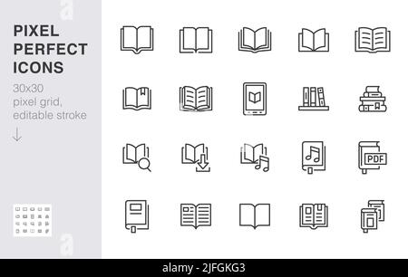 Icônes de ligne de livre définies. Livres ouverts, dictionnaire, bible, roman audio, éducation littéraire illustrations vectorielles minimales. Panneau simple à contour plat pour le Web Illustration de Vecteur