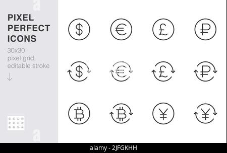 Ensemble d'icônes de ligne de change. Dollar, euro, livre, rouble russe, yen, illustration du vecteur minimal bitcoin. Simple contour argent signe pour financier Illustration de Vecteur