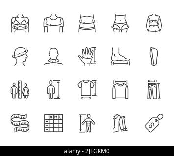 Ensemble d'icônes de taille de vêtements plates. Mesure du corps circonférence de la taille, hanche, poitrine, longueur des manches, illustrations vectorielles de hauteur. Outline affiche les vêtements Illustration de Vecteur