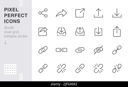 Ensemble d'icônes de ligne de bouton partager. Lien, lien hypertexte rompu, télécharger, publier, attacher chaîne minimale d'illustrations vectorielles. Simple contour des signes pour le Web Illustration de Vecteur