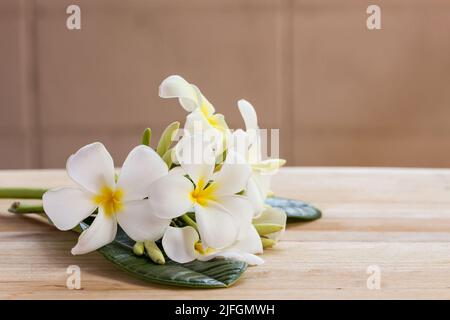 Plumeria fleurs sur table en bois et grunge texture arrière-plans encore la vie Banque D'Images