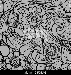 motif fleuri sans couture, motifs orientaux, motif floral noir sur fond gris, texture, fond Banque D'Images