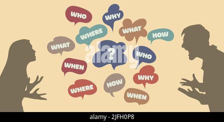 Qui et où quand pourquoi se questionne-t-on dans les bulles d'expression ? Un homme et une femme discutent violemment et discutent de questions. Brainstorming dans les activités de l'entreprise Illustration de Vecteur
