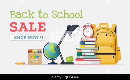 Bannière de vente pour la rentrée des classes. Illustration réaliste vectorielle, fournitures scolaires, accessoires Illustration de Vecteur