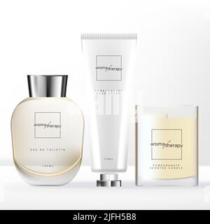 Coffret de relaxation Vector Home avec bouteille en verre de parfum, pot en verre à bougie parfumée et emballage en tube crème pour les mains. Illustration de Vecteur