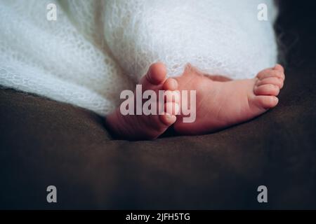 Jambes d'un nouveau-né. Pieds de bébé recouverts d'une couverture blanche. Le pied minuscule d'un nouveau-né en foyer doux sélectif. Photo de haute qualité Banque D'Images