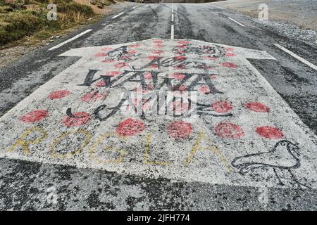 Peinture du maillot d'équipe des participants de la tournée de france au col d'Izoard, un col de montagne dans les Alpes françaises Banque D'Images