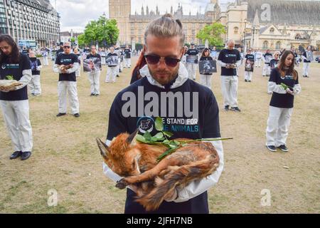 Londres, Royaume-Uni. 3rd juillet 2022. Un activiste tient un renard mort. Les militants des droits des animaux de l'organisation We Stand for the Animals ont tenu un monument commémoratif sur la place du Parlement pour les milliards d'animaux maltraités, exploités et tués par les humains pour la nourriture et les vêtements, dans des expériences, pour le divertissement et la chasse. Certains activistes ont tenu des animaux morts réels, morts de causes naturelles, tandis que d'autres ont tenu des photos des différentes espèces qui sont régulièrement soumises à des abus par les humains. Credit: Vuk Valcic/Alamy Live News Banque D'Images