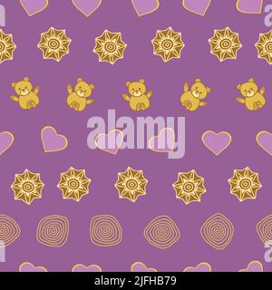 Motif rayé violet et jaune sans couture avec éléments mignons dessinés à la main. Illustration de Vecteur