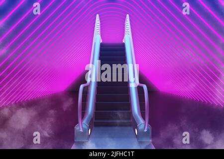 escalier roulant dans un couloir au néon violet. 3d rendu Banque D'Images