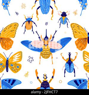 Motif insectes mignons. Insectes amusants et papillons colorés isolés sur fond blanc, coléoptères volants décoratifs, petites créations naturelles lumineuses. Décor Illustration de Vecteur