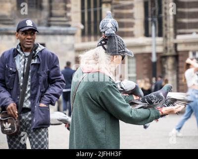 Touristes nourrissant des pigeons sur la place du Dam, Amsterdam Banque D'Images