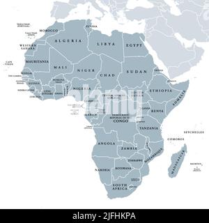 Afrique, pays uniques, carte politique grise. Plus grand continent, dont Madagascar. Avec les noms de pays et les frontières internationales en anglais. Banque D'Images