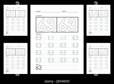 Numéros de traçage et de coloriage feuilles de travail apprendre les numéros. Illustration de Vecteur