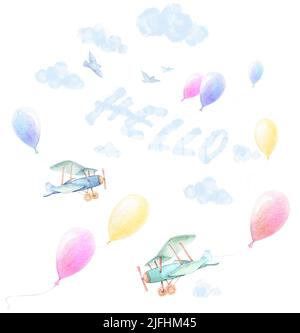 Aquarelle pour bébé clipart. Bébé douche jumeaux garçon, fille. Bannière Hello Adventures. Avions, ballons colorés volent dans le ciel. Nuages bleus Banque D'Images